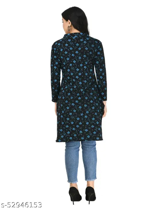 Women's Short Kurti Printed Navy Blue Woollen Kurti