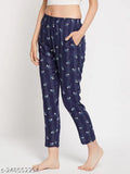 First Krush Navy Blue Printed Rayon Cotton Full Length Women's Straight Pyjama