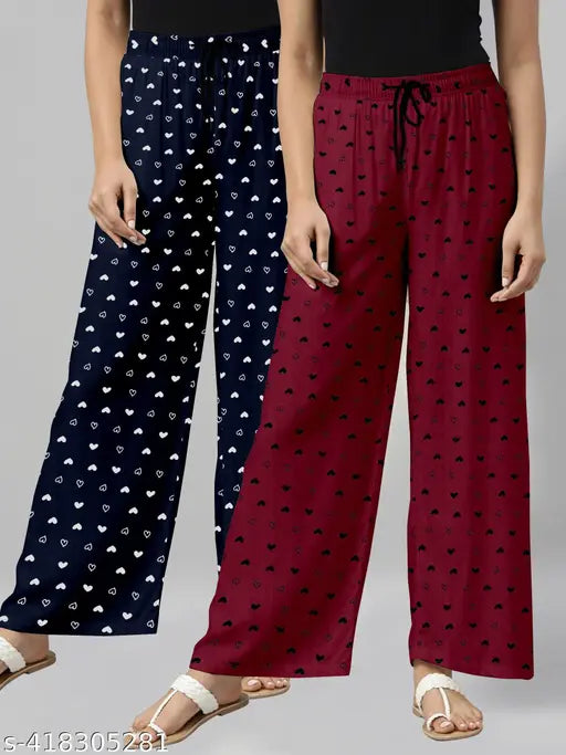 Women NavyBlue/Maroon Pack Of 2 Printed Pure Cotton Pyjamas.Combo Pack Of 2