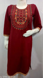 Women's A-line Embroidered Maroon Woollen Kurti