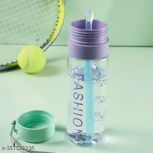 Water Bottle With Straw Fashionable Portable Rope Transparent Plastic Straw Water Bottle With Leak Proof BPA Free 600ml Water Bottle (PACK OF 1) ANY COLOUR