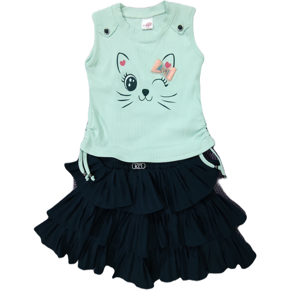 Baby Girl Light Green Top and Blue Skirt Set - GillKart