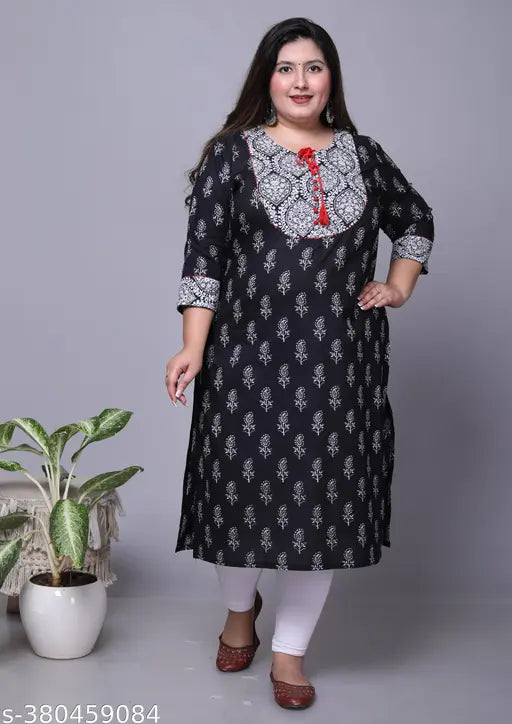 Avnii Women Black Floral Print Plus Size Straight Kurti Cotton Kurta (Black)