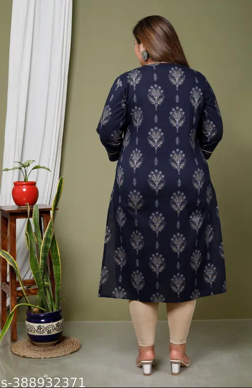 Gyapti Women Floral Print Plus Size Cotton Straight Kurta (Blue)