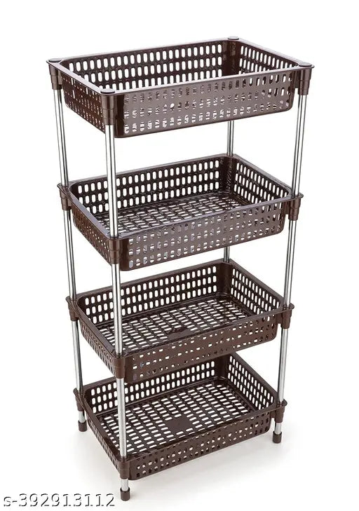 Bience Plastic Kitchen Stand Rack Basket for,Vegetable Plastic Basket, Stackable Storage Cart with Steel Pipe, Utility Rolling Stand Rack for Kitchen, (4 Layers, Brown)