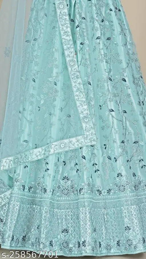 " Gopinath Hand Work " women and girls soft net sky blue color lehenga choli with dupatta and semi-stitched blouse