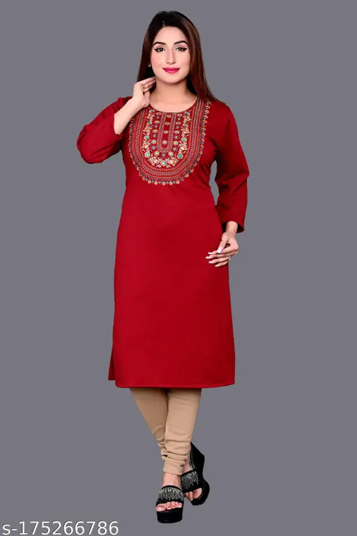 Women's Straight Embroidered Black Woolen Kurtis