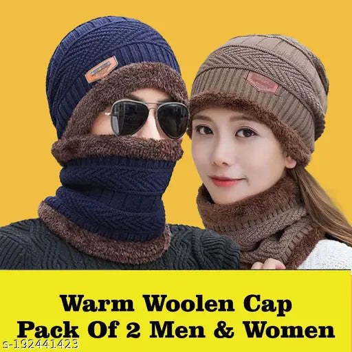 Miss8teen Men's and Women Beanie Hat Neck Set Winter Warm Inside Fur Woolen Soft Quality Winter Beanie Cap Fleece Knitted Thick Ski (Beanie Hat Set Pack 2 ) Cap (Pack of 2)