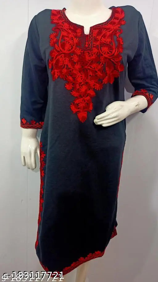 Nav by Naya Stylish Black Over Red Embroidered Woolen Kurti for Women