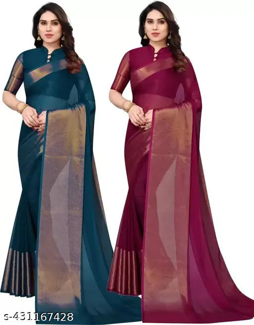 Stylish Traditional Golden Zari Border Chiffon Combo Sarees For Girls/Women (Pack of 2)