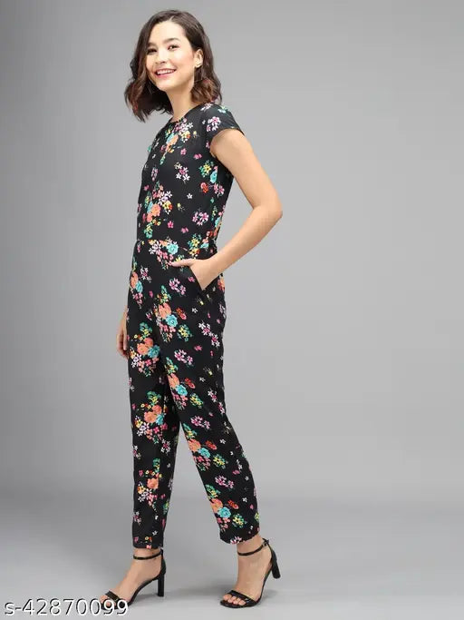 Vivient Women Black Color Orange Flower Printed Jumpsuit