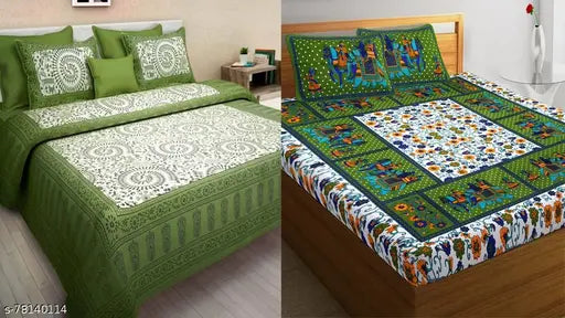 Cotton Bedsheet Combo Pack 2 Bedsheet with 4 Pillow Cover ( 1 Gangor Green+1 Other Trendy )