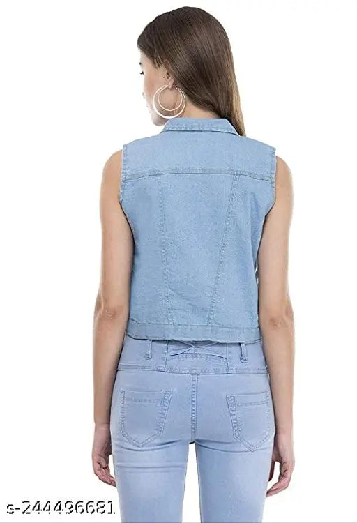 Women Solid Shoulder Length Denim Jacket