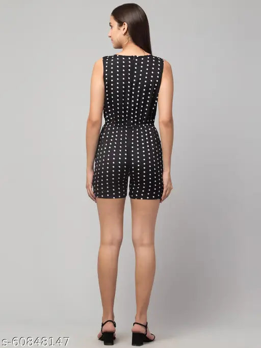 White Polka Dots On Black Print Romper