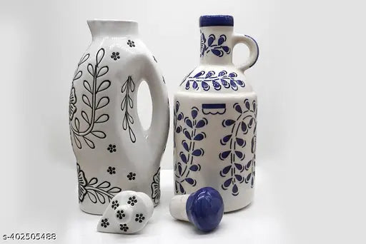 Kraftlik Handicrafts Blue & White Handmade Ceramic Oil Dispenser[ 1000ml for Kitchen Use Stylish Dispenser | Pack of 2