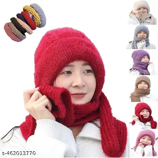 Winter Cap for Women Woolen Cap with Mufflers for Women, 2 in 1 winter scarf Knitted Woolen Muffler for Women & Girls Muffler Woolen Cap, Stylish Woolen Caps for Women Winter Wear Scarf Multicolor