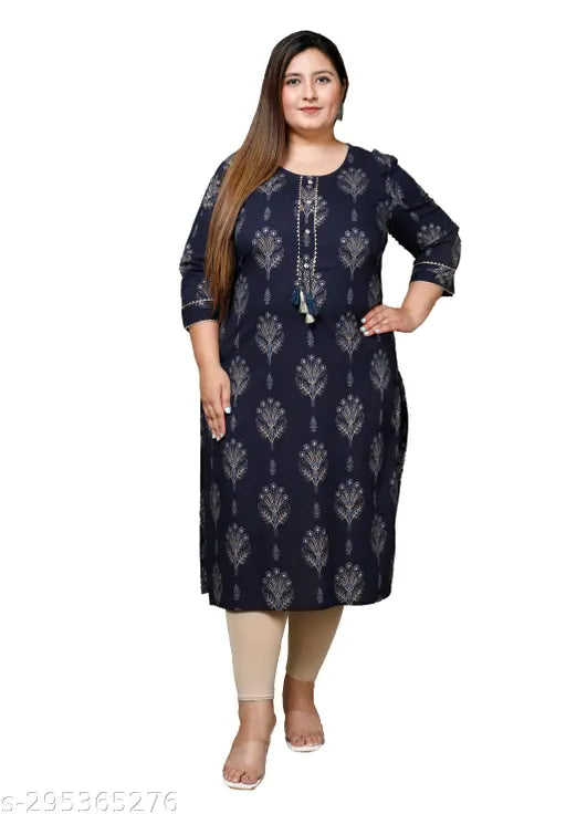 Avnii Women Floral Print Plus Size Straight Kurta Cotton Kurta (Dark Blue)