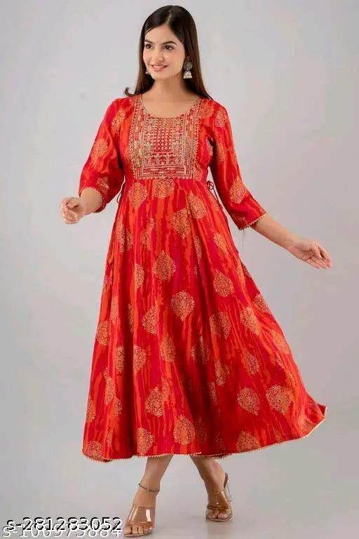 PRV ORANGE COLOUR EMBROIDERED GOLD PRINTED ANARKALI KURTI