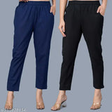 Quaclo Pack of 2 Navy Blue and Black 2 side Pocket Women Cotton Trouser Pants