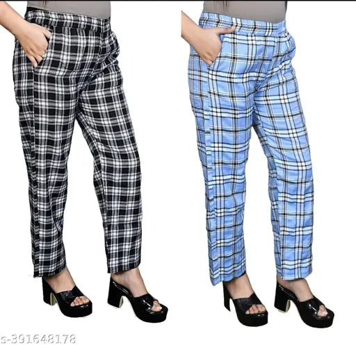 Latest Feminine Women Trouser & Pants Check Pants Check Trouser Pack of 2 Combo Black And Blue