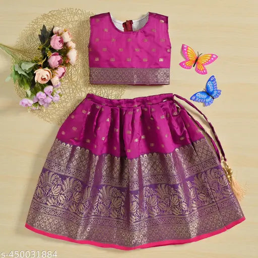 Kids South Indian Traditional Pattu Pavadai, Cotton Silk Lehenga Choli for Girls, Sizes 1-7 Years