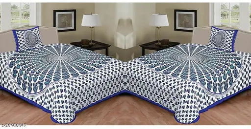 Set of 2 Jaipuri Single Bed Bedsheet Combo Pack with 2 Pillow Cover