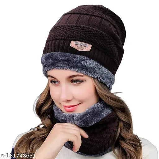 Cool Indian Woolen Winter Cap for Women with Neck Muffler Warn Soft for Snow | Knit Beanie Cap Hat Neck Warmer Scarf Set for Women (2 Piece Set)