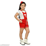 Cute Comfy Kids Trendy Girls Pretty Stylish Latest Fashionable Red Dungaree 1 Half Sleeve White T Shirt & 1 Mickey Mouse Printed Red Dungaree Cotton Blend Frocks & Dresses 1-2 Years, 2-3 Years, 3-4 Years, 4-5 Years & 5-6 Years