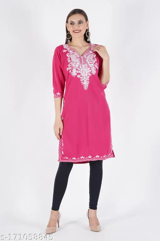 MAGENTA WOOLLEN AARI WORK EMBRODRIED KURTI FOR WOMEN