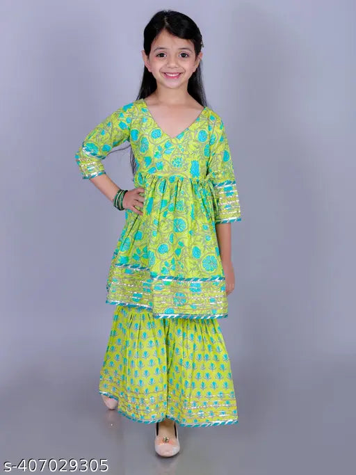 FabJunior Girls Lime Green Cotton Floral Print Anarkali/Flared Kurta & Sharara Set