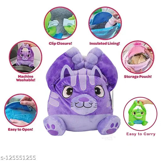 WISHKEY Lunch Bags for Kids, Washable and Insulated with Purple Cat Design.