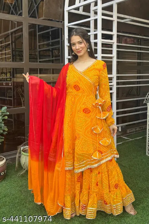 Geaorgette Bhandani Print Yellow Sharara Set