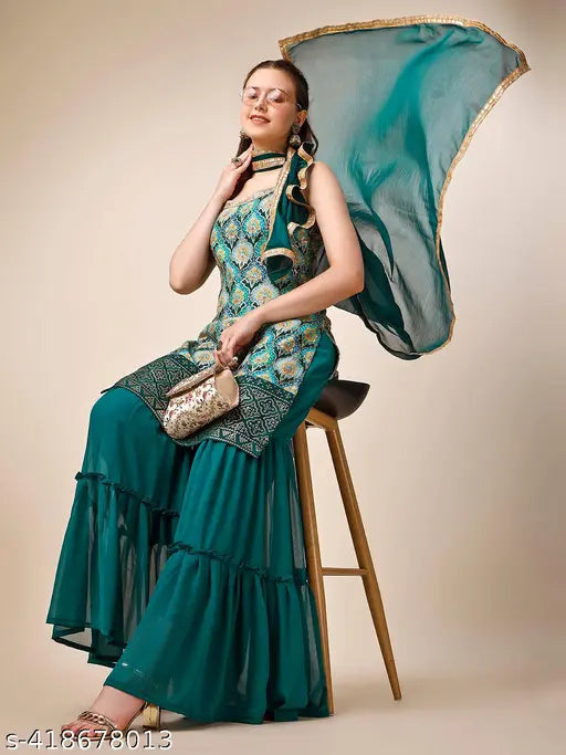 Ethnic Motifs Printed Sequinned Kurta with Sharara & Dupatta