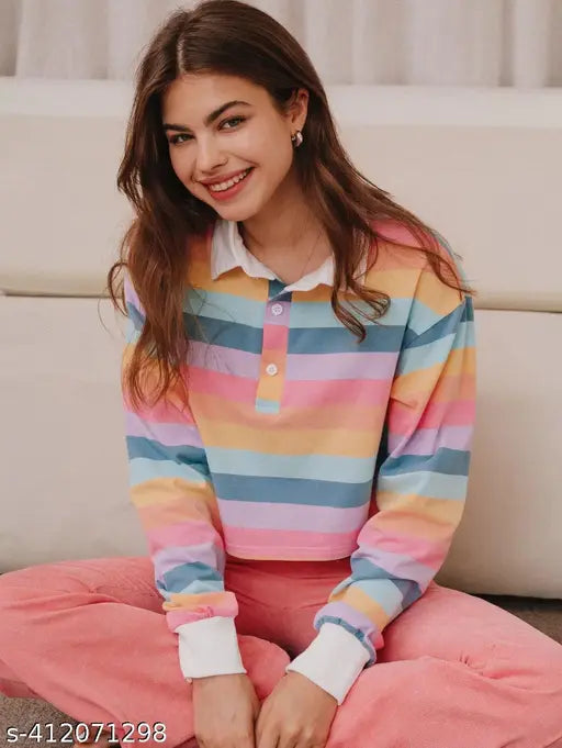 IT'S Sweet tshirt MAGIC RAINBOW STRIPED POLO CROP Top Tshirt Half Button Long Sleeve for Teen Girl and Women Women Regular Sleeves Printed Multicolor crop Top Multicoloured Fitted Crop Top Women's Rainbow Crop Top Multicoloured Tie and Dye Crop Top