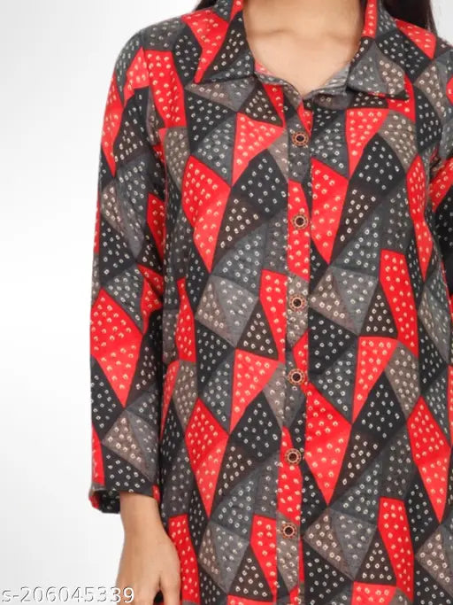 Plus Size Winter Wear Printed Womens kurta/Kurti Full Sleeve Shirt Coller..