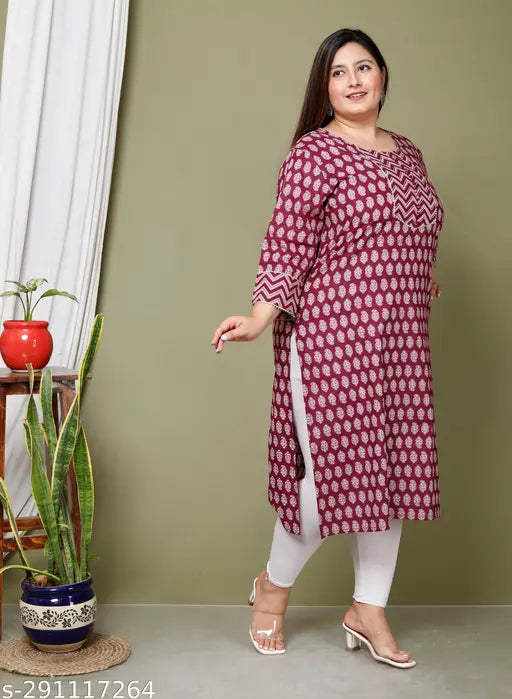 Avnii Women Floral Print Plus Size Cotton Straight Kurta (Maroon)