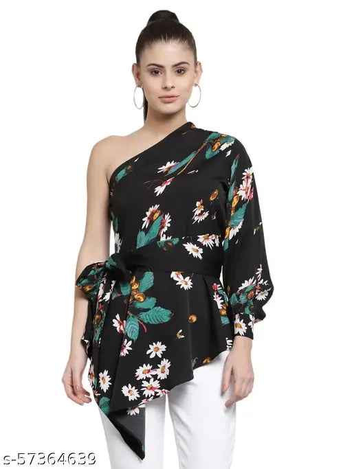 Style Quotient Women Black Floral One Shoulder Crepe Regular Longline Top