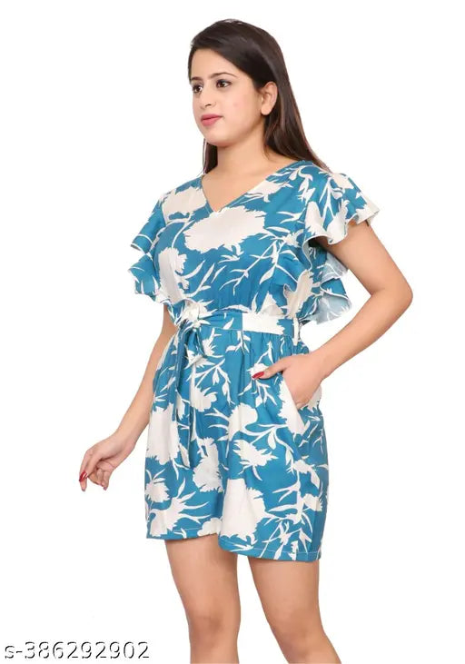 Ladik way Blue printed Casual short jumpsuit for women and girls Floral print short jumpsuit, Stylish V neck jumpsuit for women and girls, Girls' back zip closure jumpsuit, Women printed short jumpsuit, Short sleeves jumpsuit, Summer jumpsuit women and