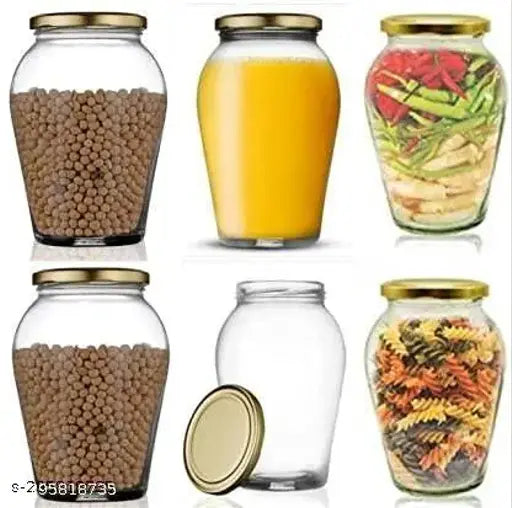 ransparent Glass Jar And Container With Rust Proof Air Tight Gold Cap 1000 ml For jams, pickle, honey, ghee, oils, spices, masala And achar - Set of 6