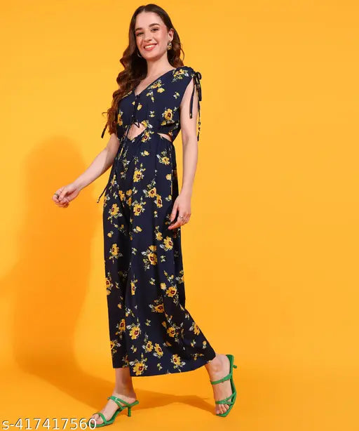 Fashfun Women's Navy Blue Floral Printed Jumpsuit With Waist Tie-up