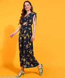 Fashfun Women's Navy Blue Floral Printed Jumpsuit With Waist Tie-up