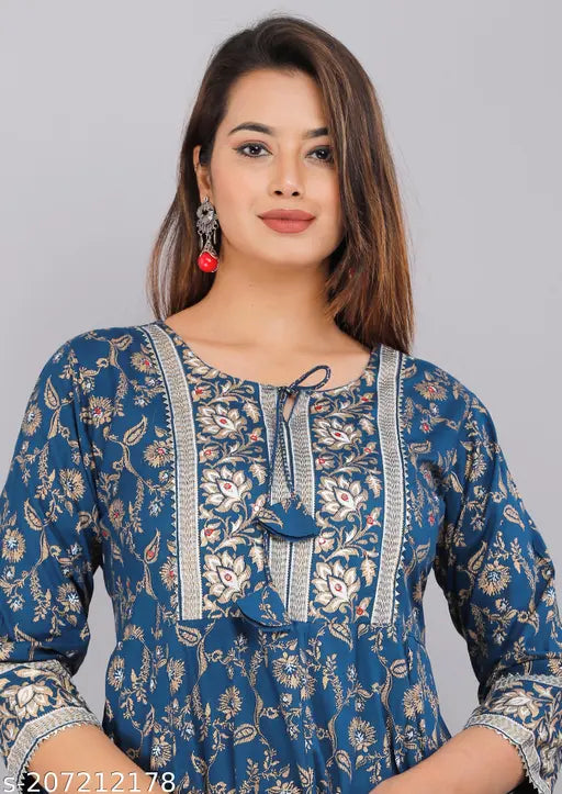 Women's fashion Rayon printed blue Anarkali kurta/Gown Kurtis