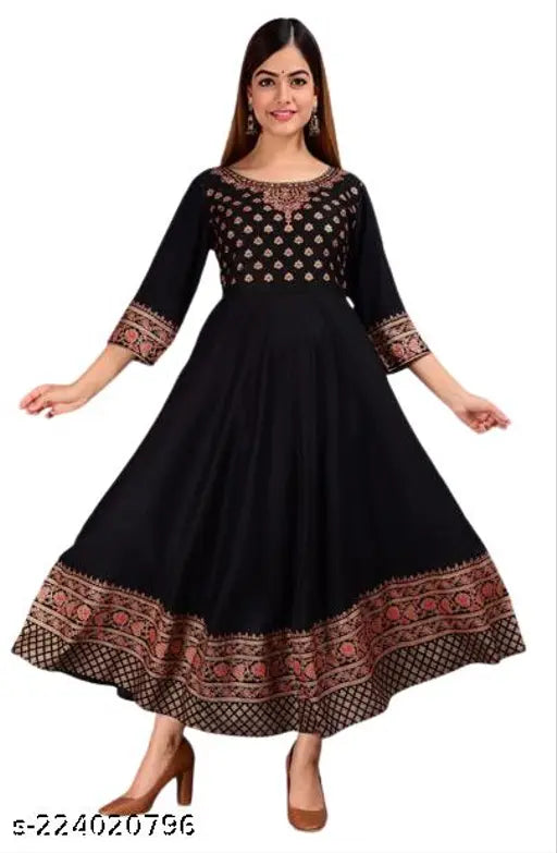 Women Rayon Printed Anarkali Kurti (Black)