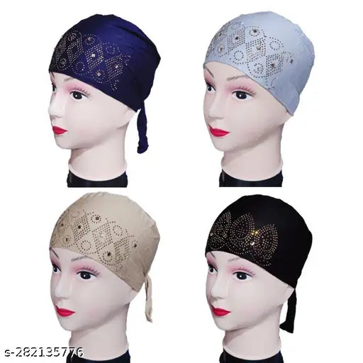 Under Hijab Cap (Pack of 4) Muslim Women Stone Work Cap, Head Wrap Islamic Cap Muslim Under Hijab Band