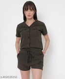 Women's Olive Green Polyester Solid Buttoned Playsuit