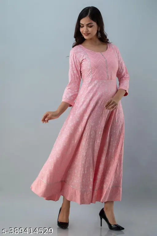 Nishabd Women Printed Flared Round Neck 3/4 Sleeve Ankle Length Viscose Rayon Kurta