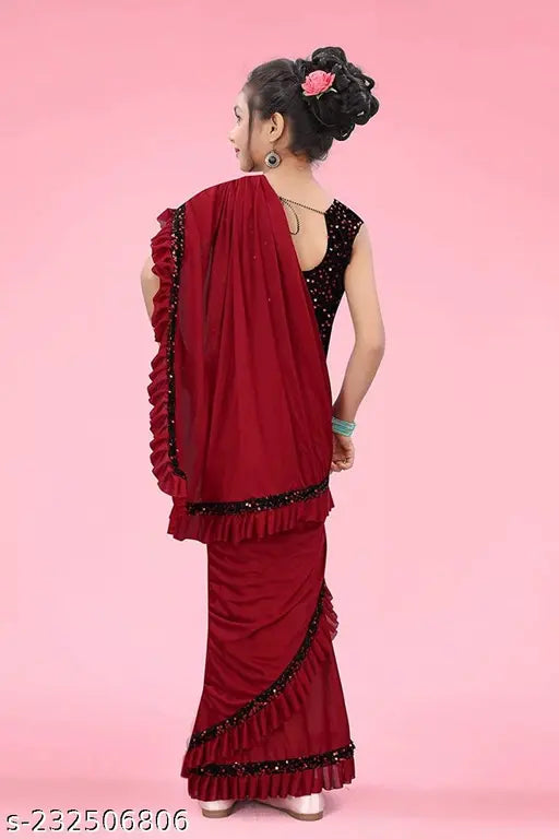 Maroon Lycra Blend Ruffle Pattern Saree With Velvet Unstiched Blouse Piece