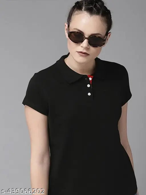 Women Polo Collar Solid T-Shirt