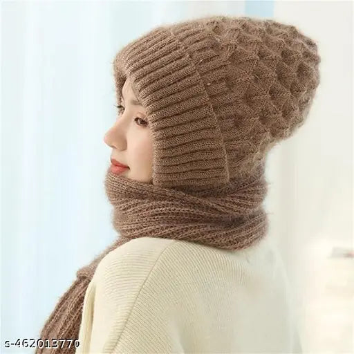 Winter Cap for Women Woolen Cap with Mufflers for Women, 2 in 1 winter scarf Knitted Woolen Muffler for Women & Girls Muffler Woolen Cap, Stylish Woolen Caps for Women Winter Wear Scarf Multicolor