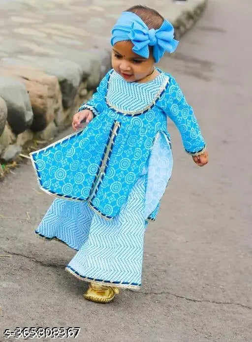 Baby Girls Pure Cotton Sanganeri Printed Blue color Kurti Sharara Set for girls